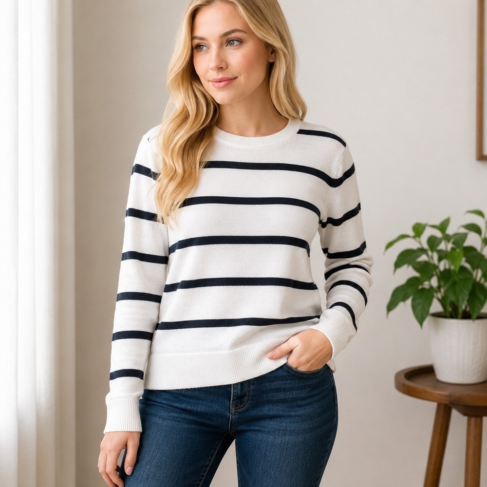 Old Navy Women's XS Lightweight Crew Neck Sweater Black White Stripe